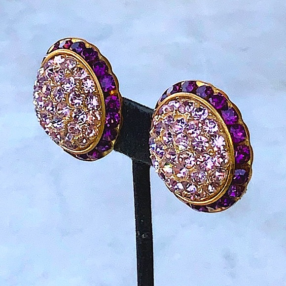 VINTAGE EARRINGS AMETHYST & LILAC AUSTRIAN CRYSTALS ROUND BUTTON SHAPE - Picture 2 of 11